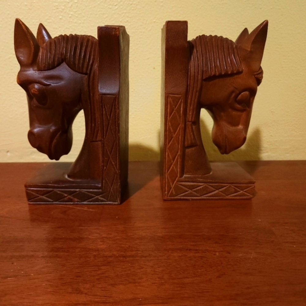VTG Hand Carved Solid Wood Horse 2 Heads Book Ends Large Heavy 12" Eques…